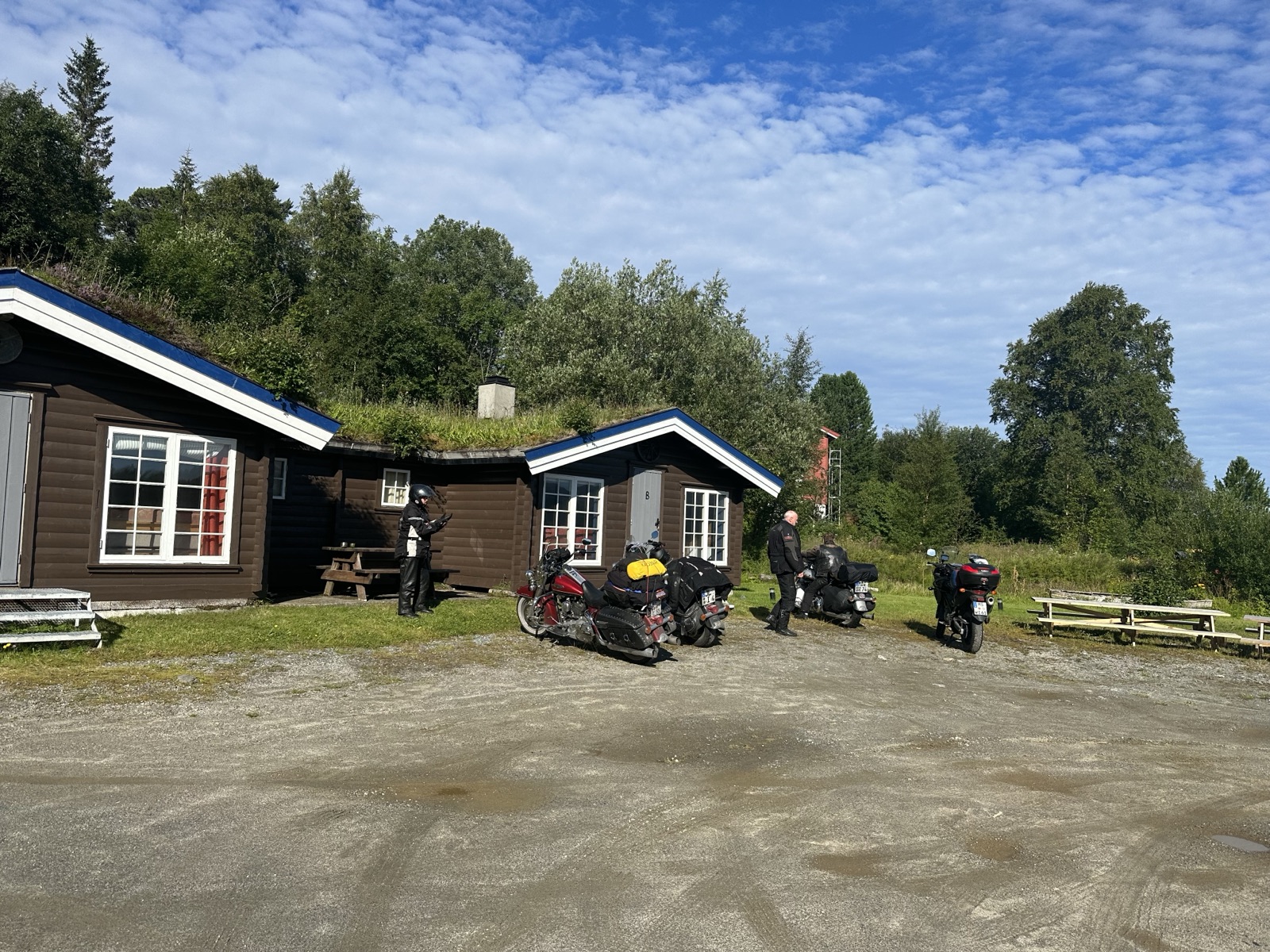 Motorcycles by cabins with turf roofs — Terråk