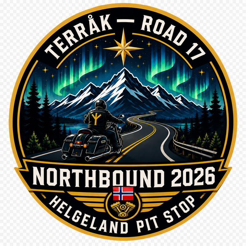 Northbound 2026 sticker — Terråk · Road 17 · Helgeland Pit Stop
