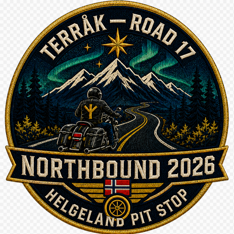 Northbound 2026 embroidered cloth patch — Terråk · Road 17 · Helgeland Pit Stop