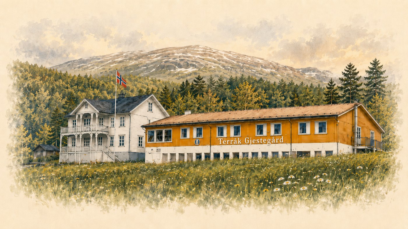 Terråk Gjestegård — historical illustration with the main building and the hotel
