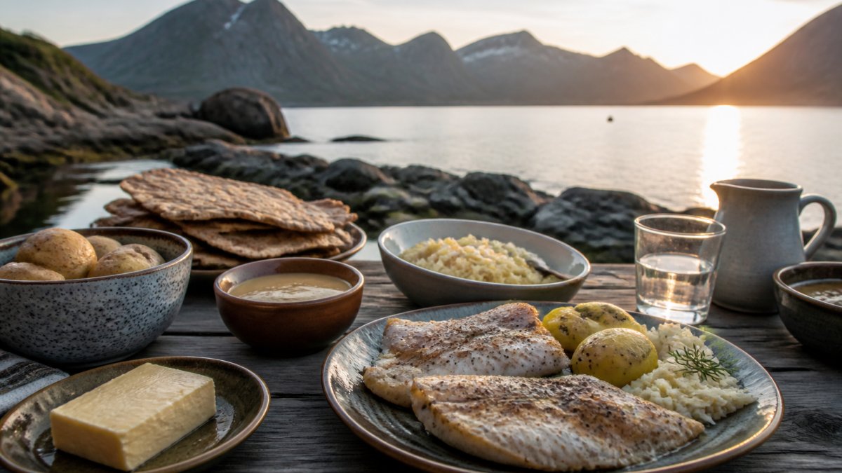 Tradisjonell nordnorsk mat servert på et dekket bord ved fjorden med fjell og kveldslys i bakgrunnen